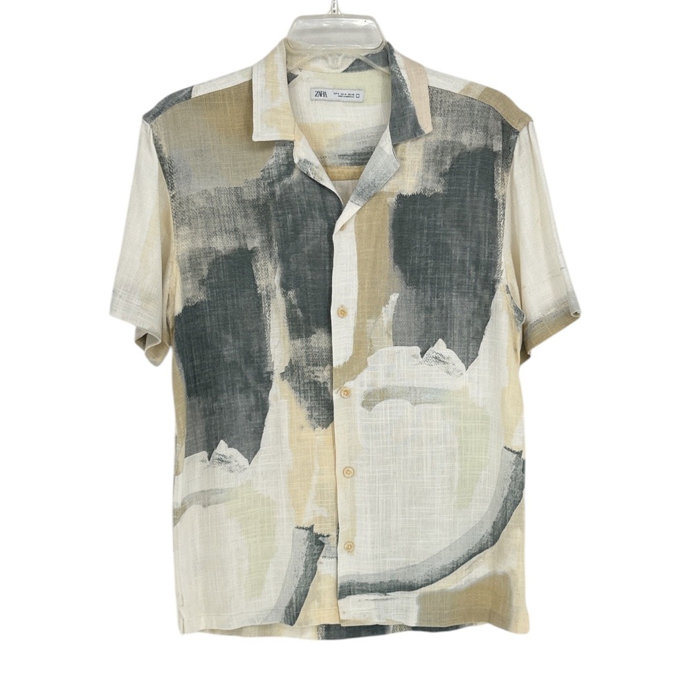 Zara Men M Abstract Brushstroke Linen Blend Camp Collar Short Sleeve Shirt
